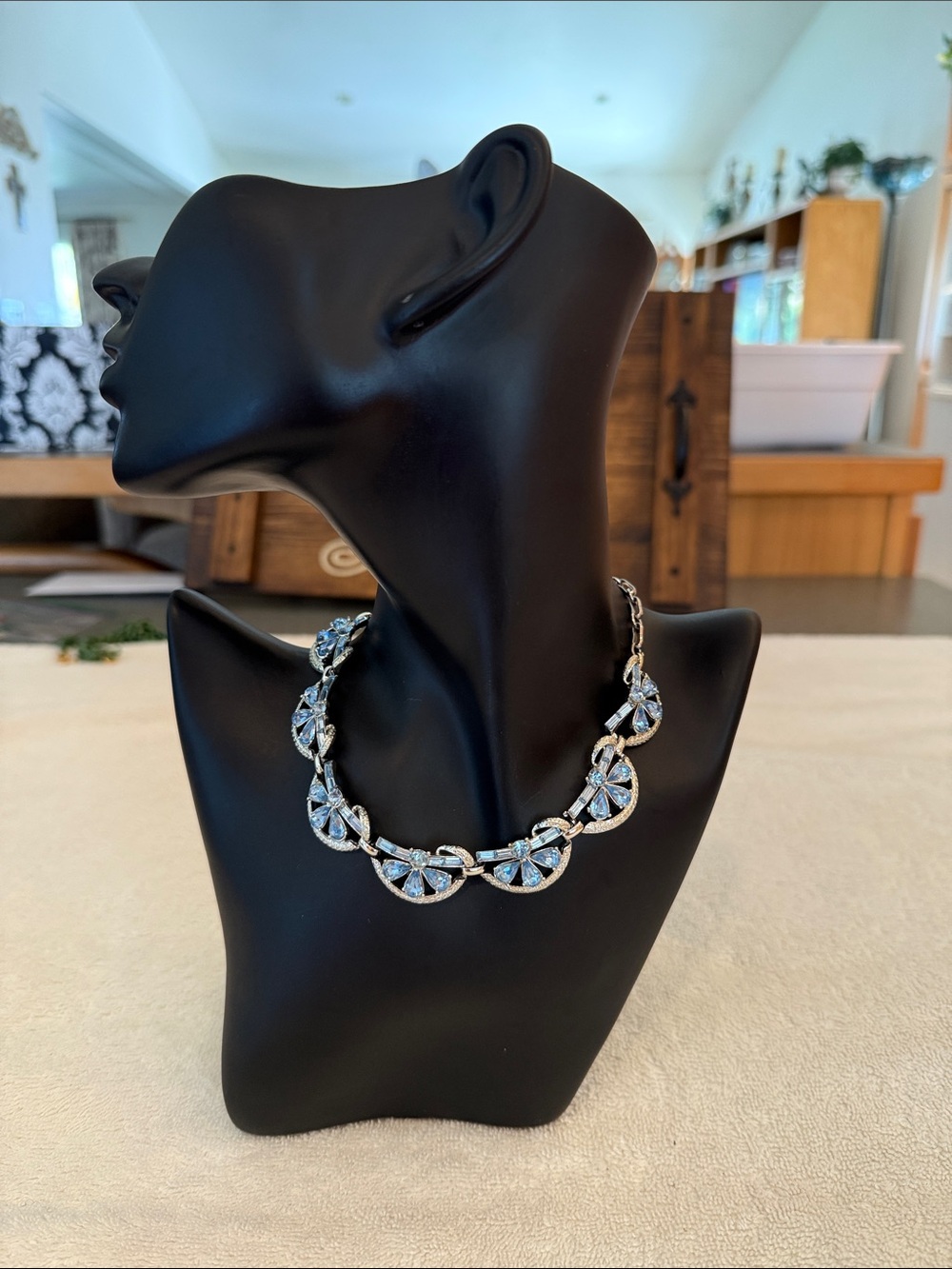 Light Blue Crystal and Silver-tone Finish Fan-Link Necklace